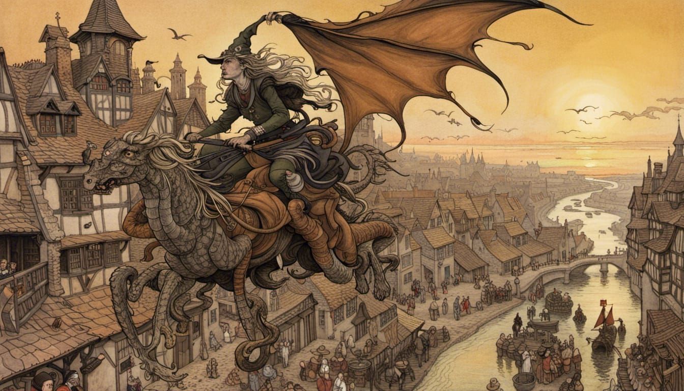 Witch on Dragon Over Medieval Village