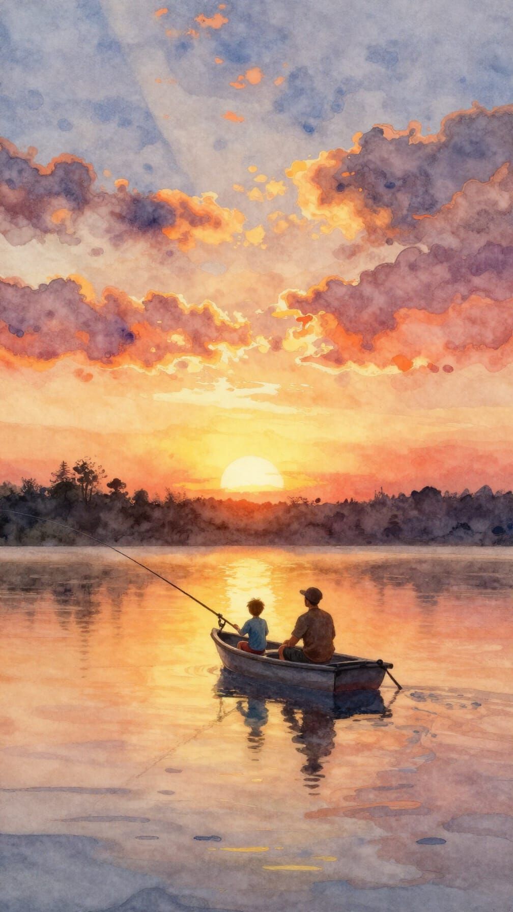 Father and Son Fishing at Sunset Watercolor