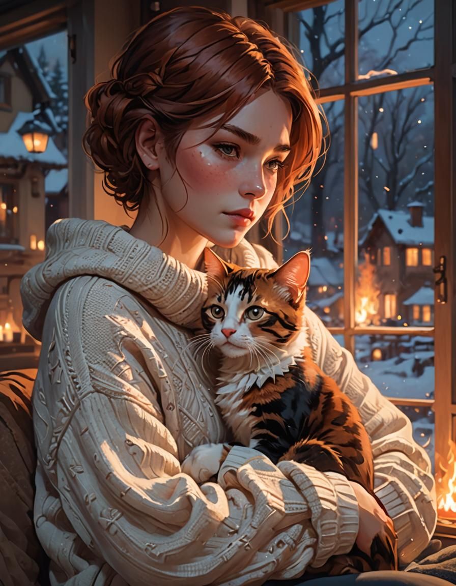 Cozy Portrait: Woman and Kitten by Firelight