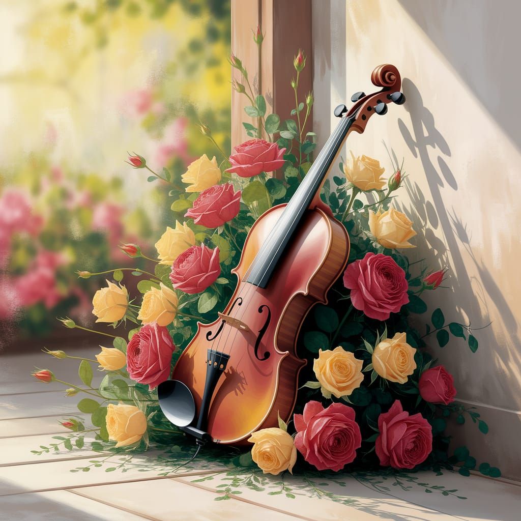 Violin Surrounded by Roses in Watercolor Style
