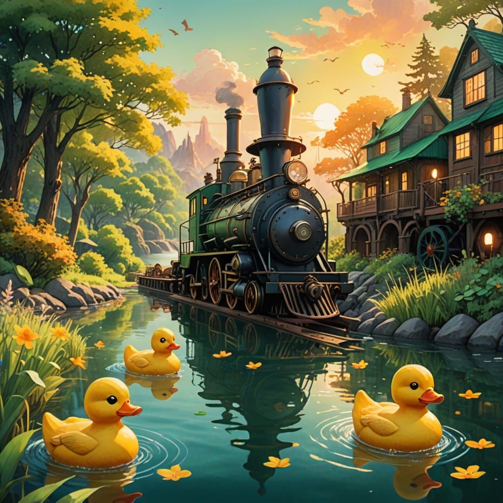 Steampunk Rubber Ducks Adrift in Emerald Waters