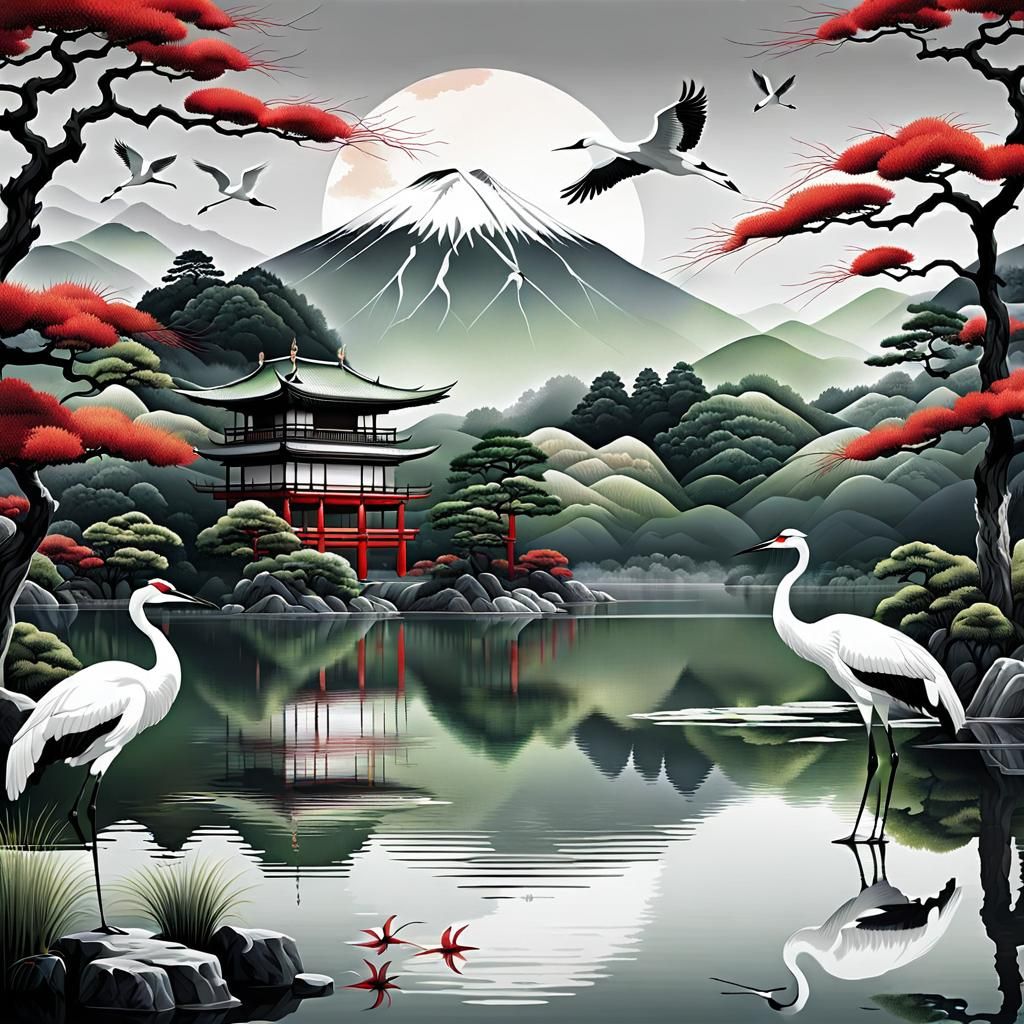 Japanese Sunset Lake Scene with Cranes