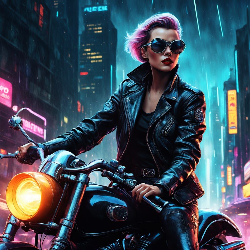 Retro Sci-Fi Space Lady Rides Rocket in Neon Noir