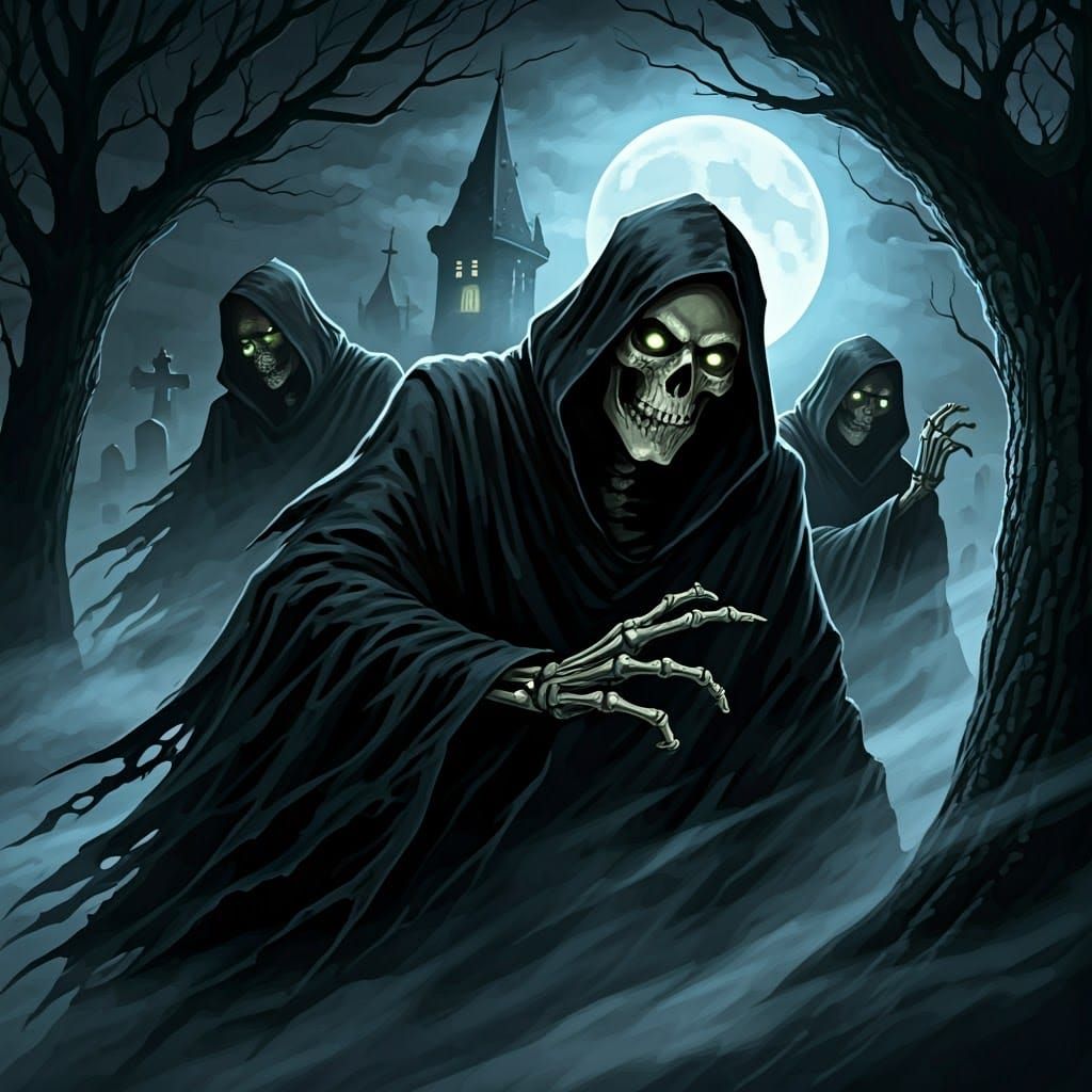 Eerie Skeletons Rise from Graveyard in Gothic Horror Style