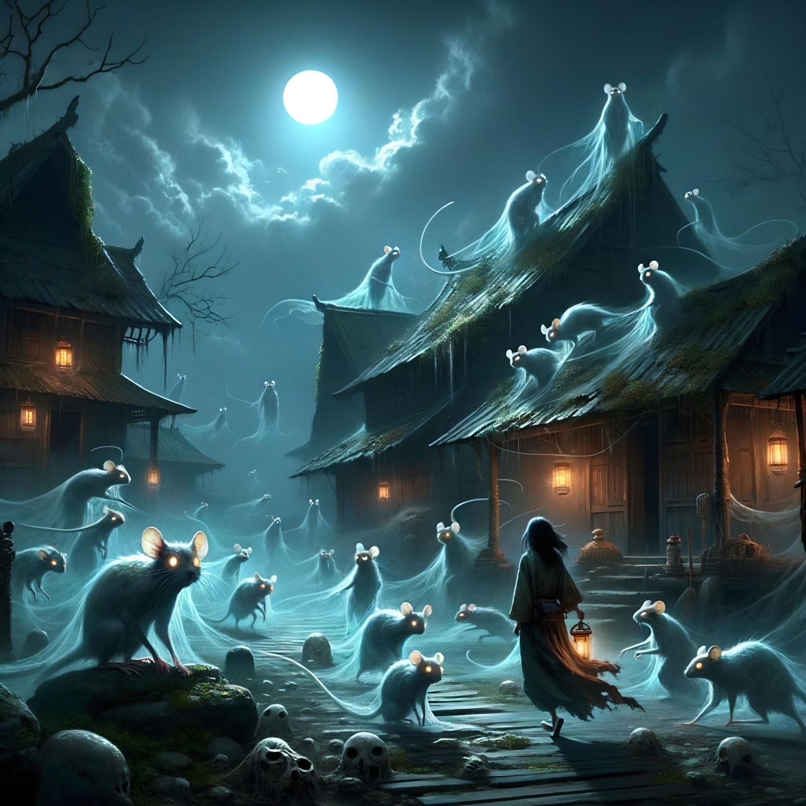 Ethereal Rodent Swarm Haunts Moonlit Village