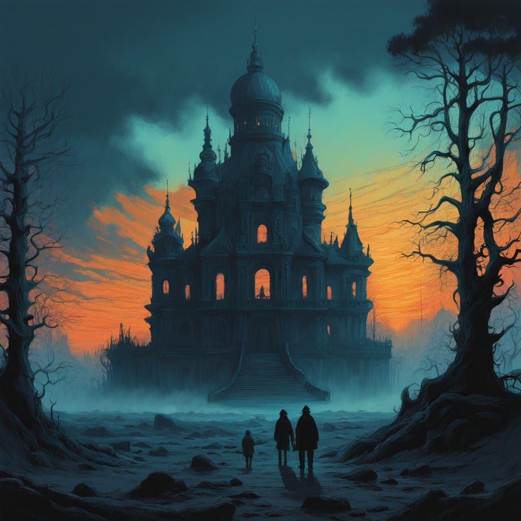 Surreal Cityscape of Ornate Skeletons under Golden Hour