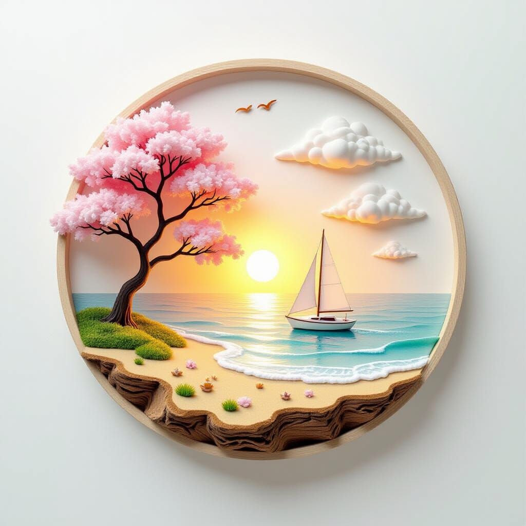 Minimalist Sunrise Seascape with Sailboat on Cherry Blossom