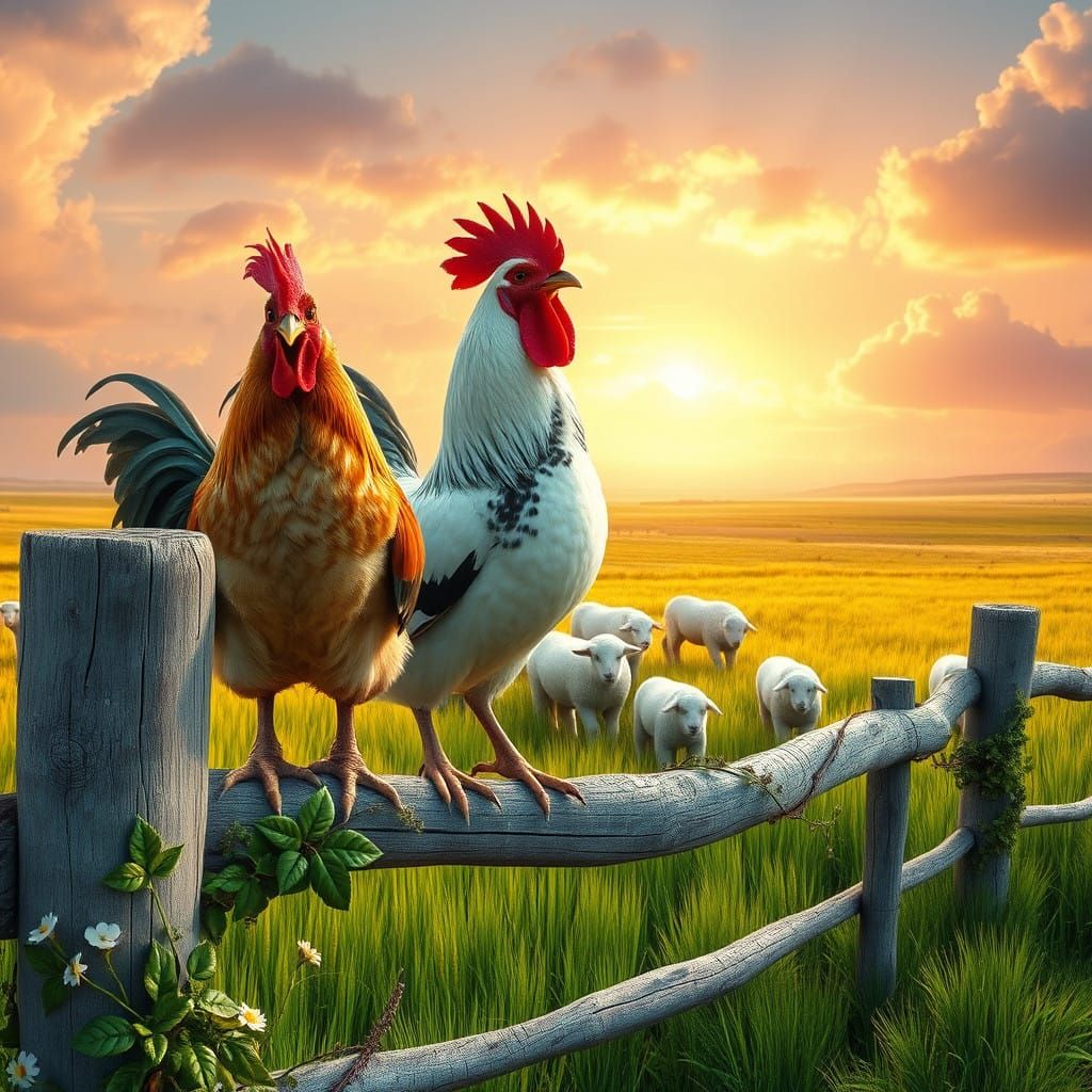 Rural Landscape with Charming Chicken and Rooster