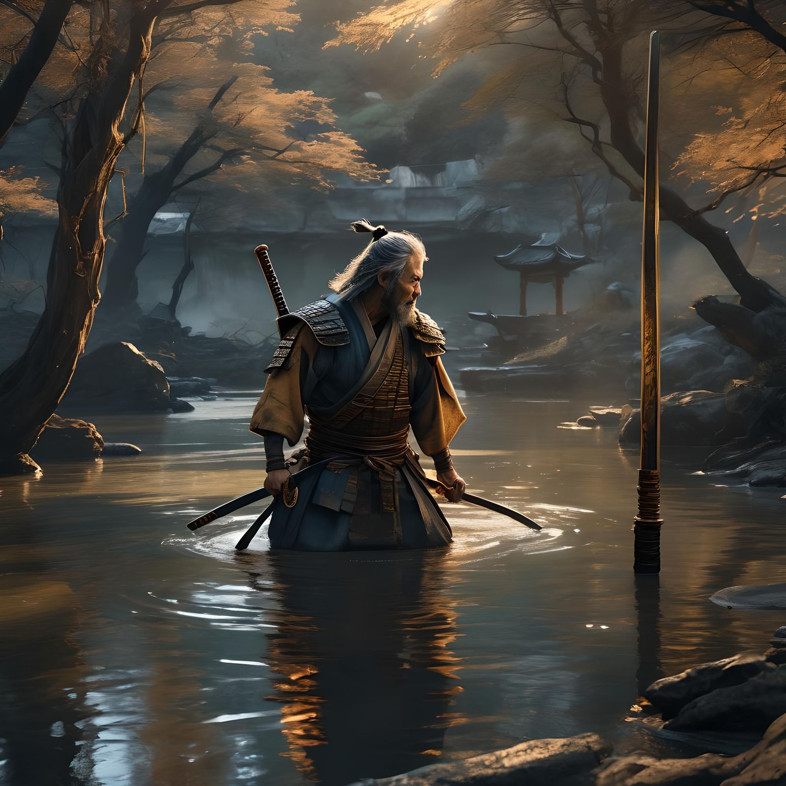 Samurai Cleans Sword after Battle: Detailed Matte Painting