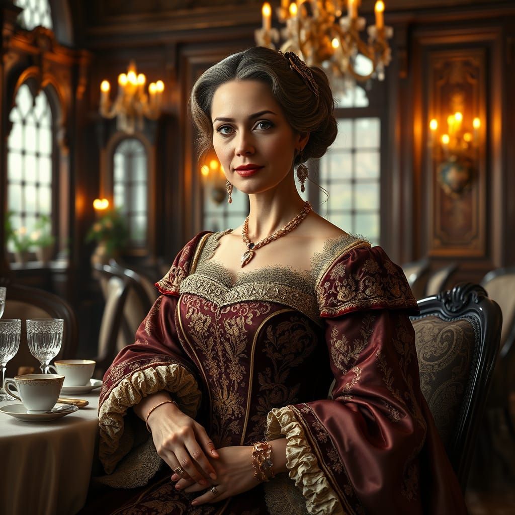 Elegant Noblewoman in 18th Century Aristocratic Tea House