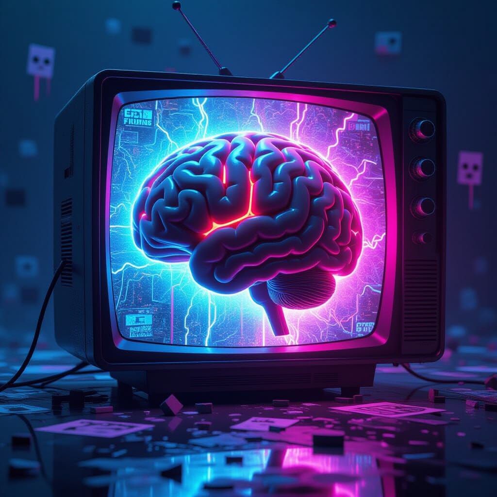 Surreal Brain With Neon Circuits and Meme Fragments
