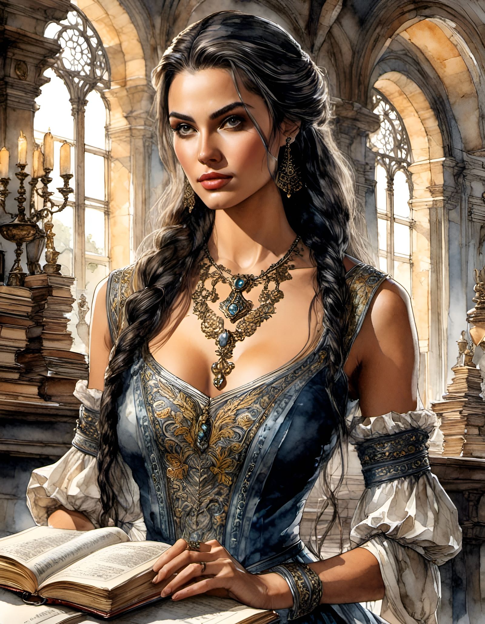 Detailed Watercolor of Tissaia de Vries in Library