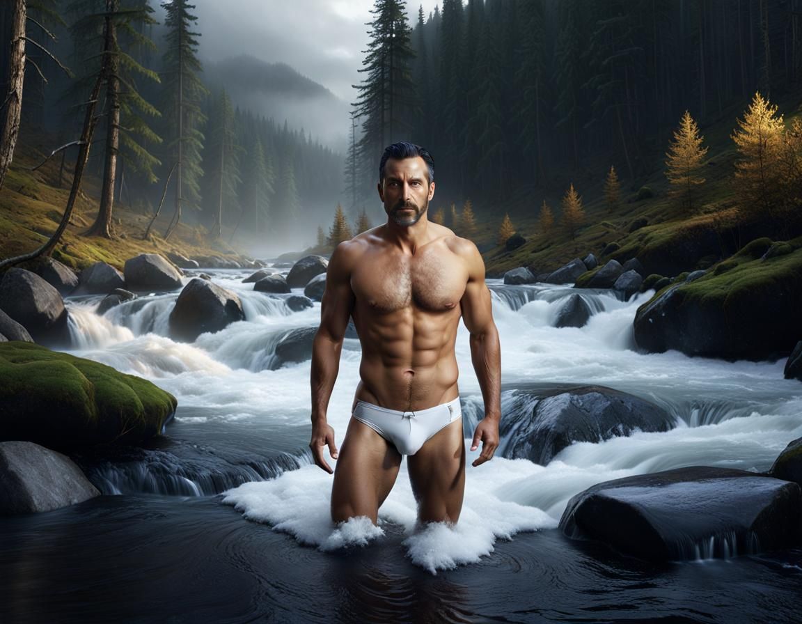 Man Emerges from Icy Stream in Snowy Forest