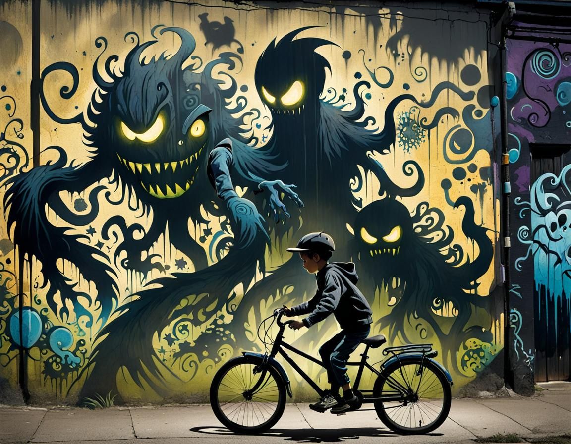 Shadow Monsters Follow Kid on Bicycle at Night