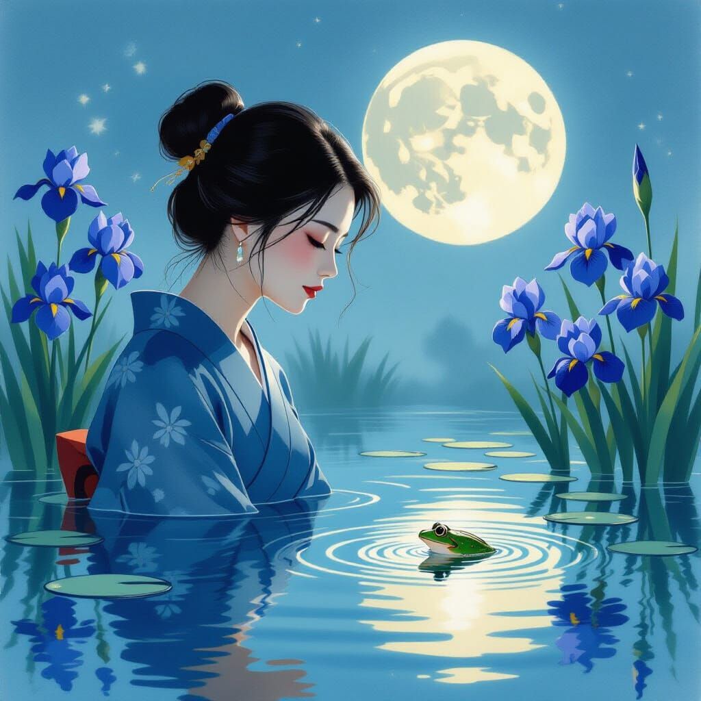 Woman's Reflection in Pond with Irises: Shin Hanga Style