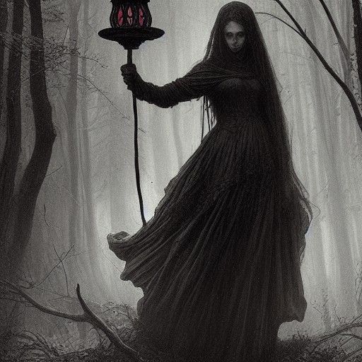 Beautiful Witch in Dark Forest, Gothic Horror Art