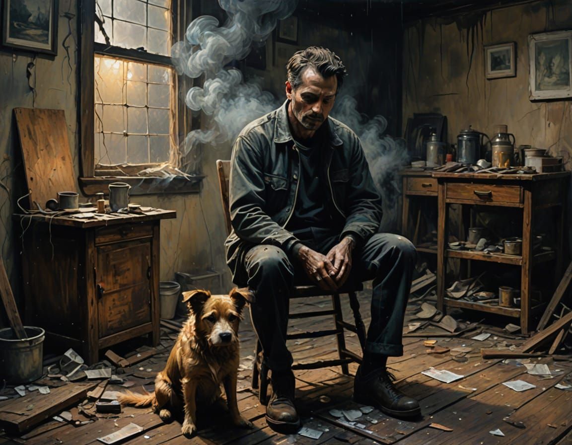 Man Overwhelmed by Shadows and Ethereal Light