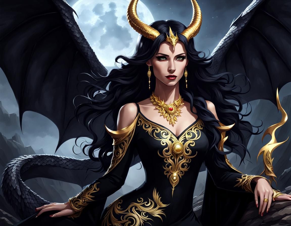 Dragon Woman in Black Dress with Lightning