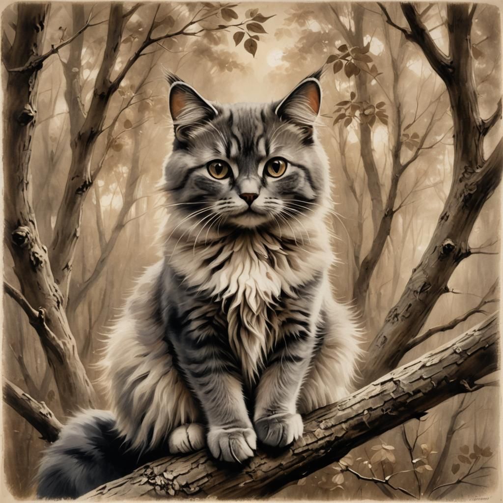 Fluffy Gray Cat in Enchanted Forest: Lithographic Print