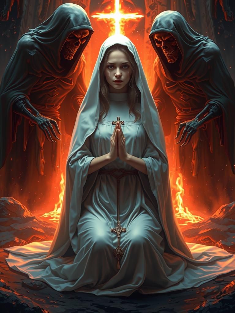 Nun Praying in Fiery Hellscape: Gothic Horror