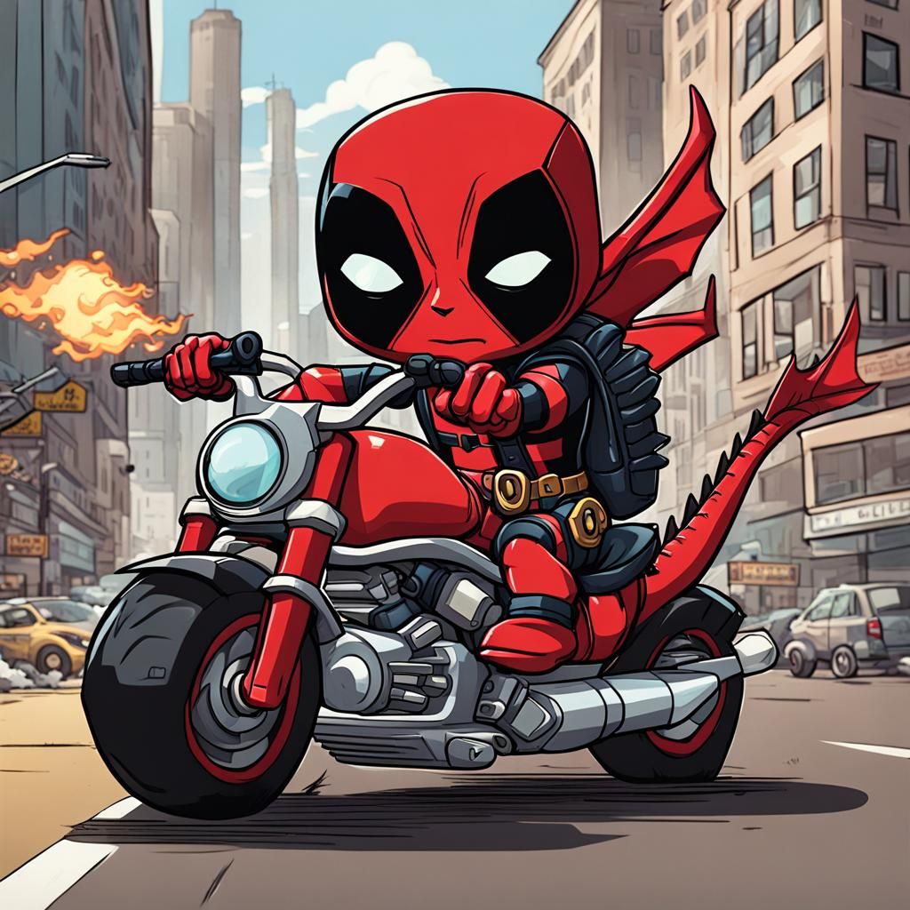 Chibi Deadpool Rides Dragon Motorcycle Downtown