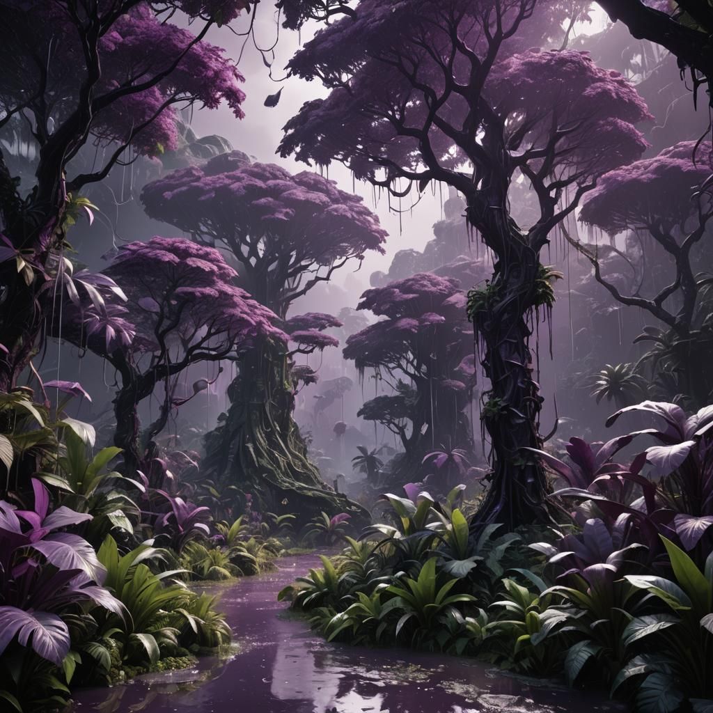 Purple Monochromatic Jungle Rainstorm: Detailed Matte Painti...