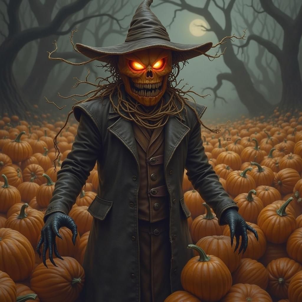 Eerie Jack-o'-Lantern Figure in Gothic Illustration Style