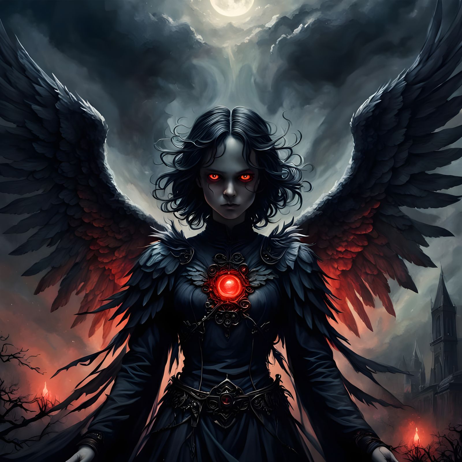 Black Angel with Glowing Eyes in Gothic Oil Painting