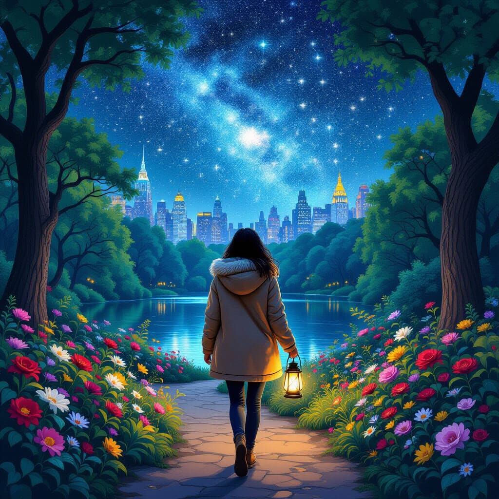Central Park Starry Night: Cosmic Astral Illustration