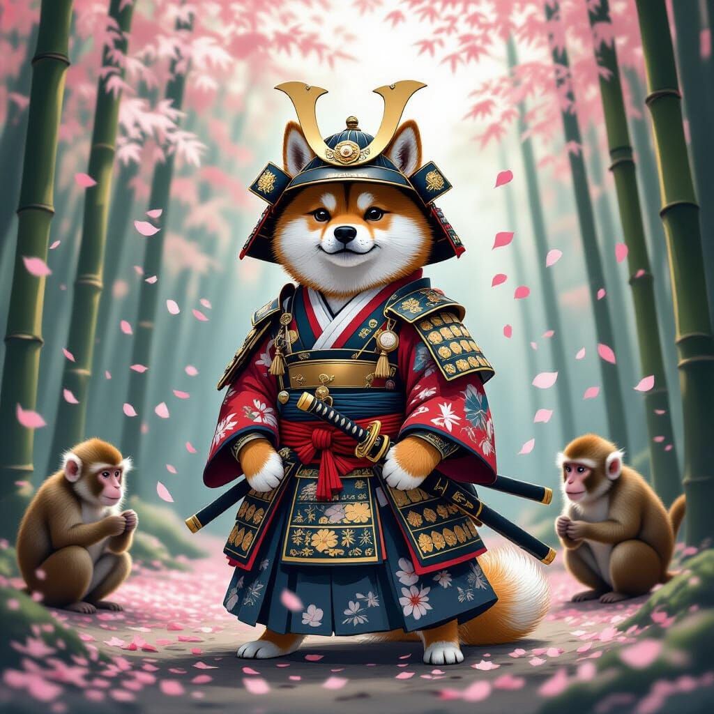 Samurai Shiba Inu in Misty Bamboo Forest