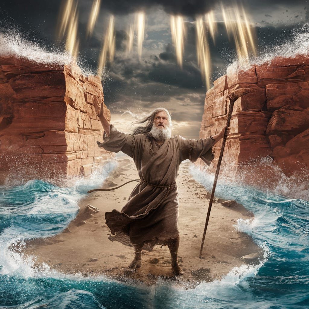 Moses Parts the Red Sea in Cinematic Still