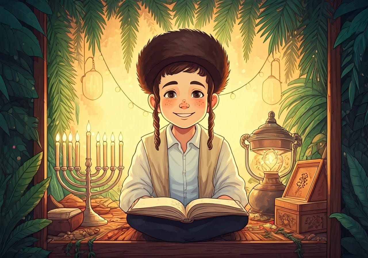 Hasidic Boy in Sukkah: Anime-Inspired Digital Art