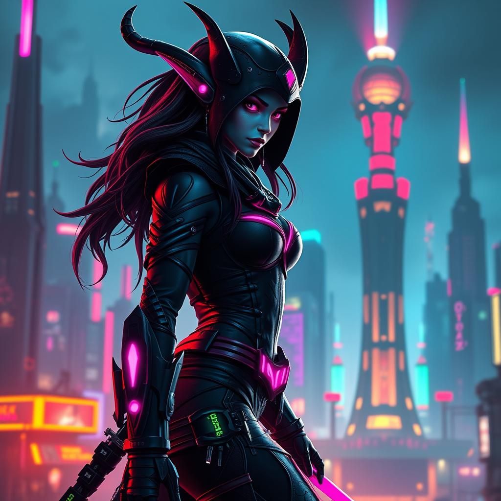 Cyberpunk Night Elf Rogue in Dystopian Cityscape