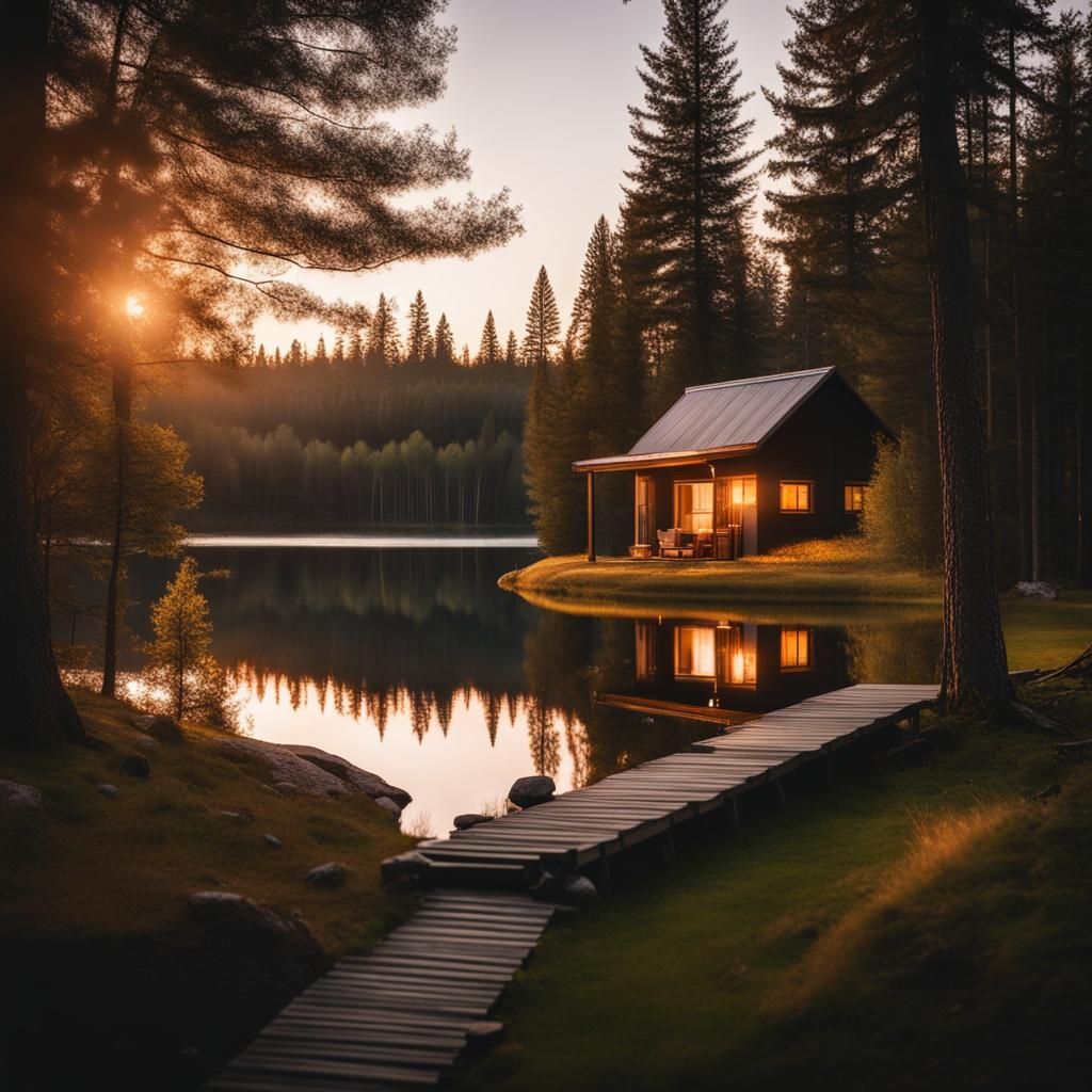 Cozy Cabin Overlooking Lake at Golden Hour