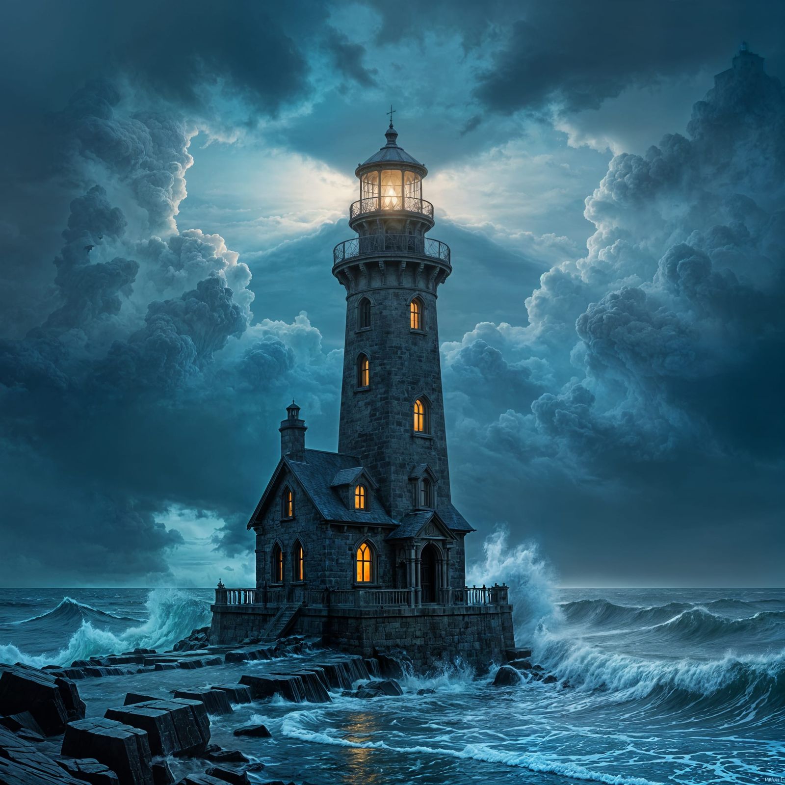 Lighthouse Against Stormy Sky in Dark Romantic Style