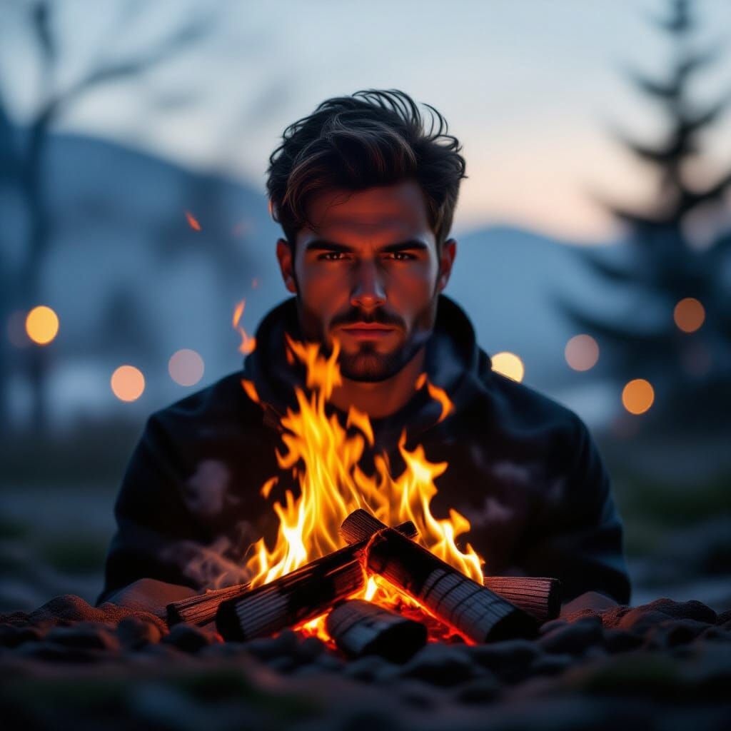 Double Exposure: Bonfire Silhouette in Cinematic Style