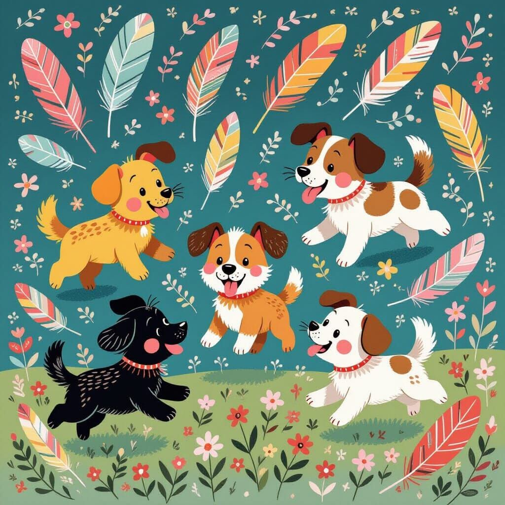 Dogs Playing with Feathers in Whimsical Style