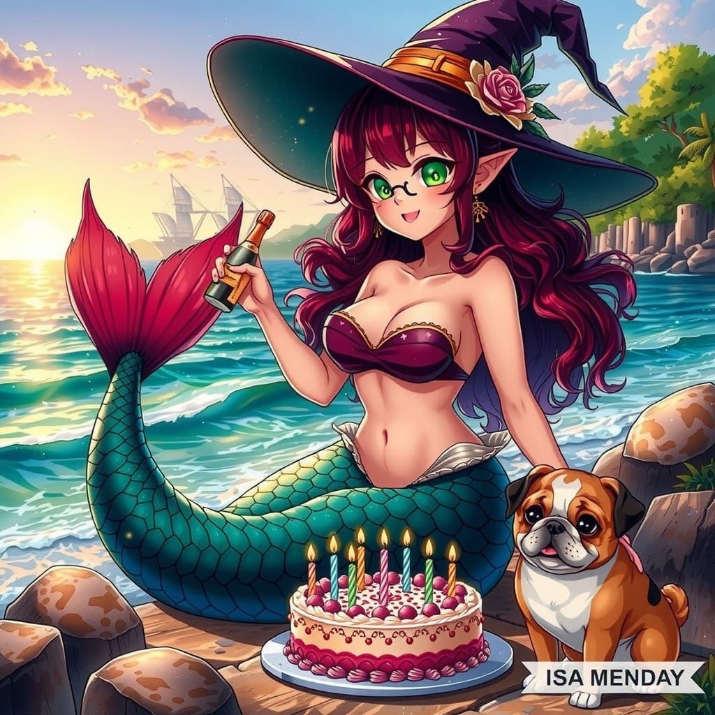 Anime Mermaid Girl Celebrates Birthday on Beach