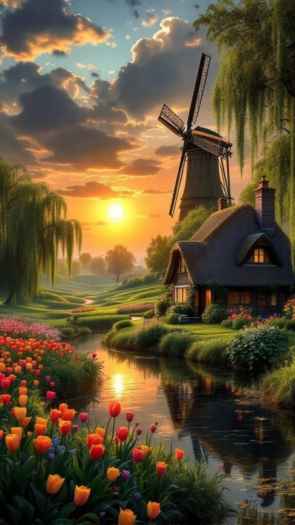 Surreal Holland Countryside Scene with Windmill and Tulip Fi...