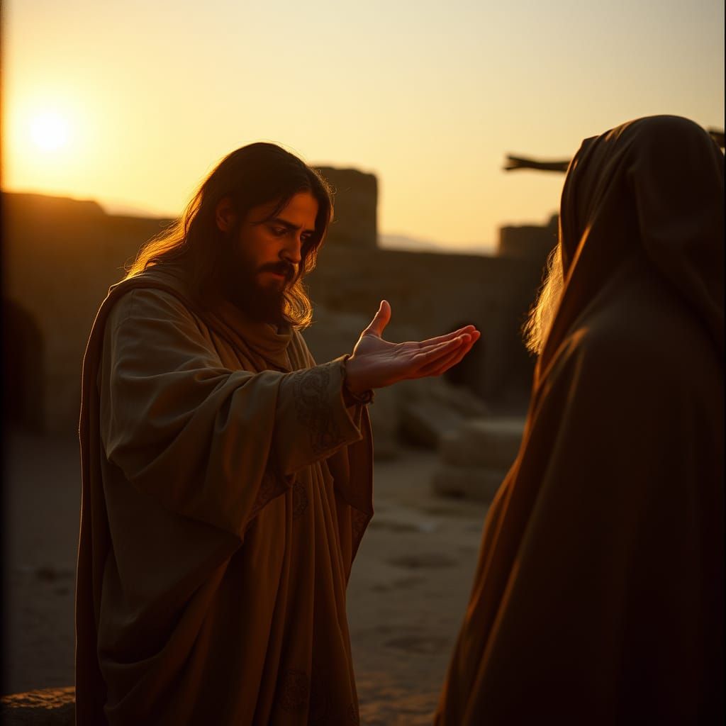 Jesus Tenderly Heals a Shrouded Leprous Figure in a Golden S...
