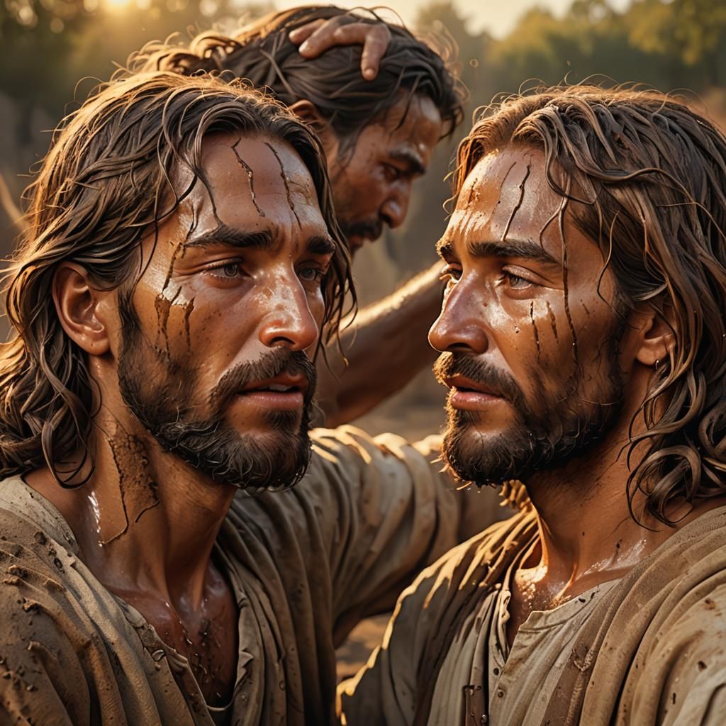 "Jesus heals the blind man, Jesus rubs mud and spit into the...