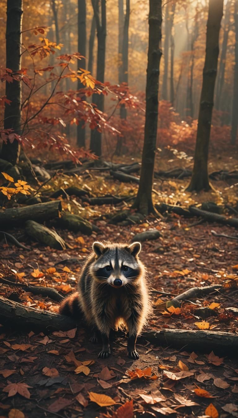 Raccoon Portrait in Autumn Forest: Cinematic Film Still