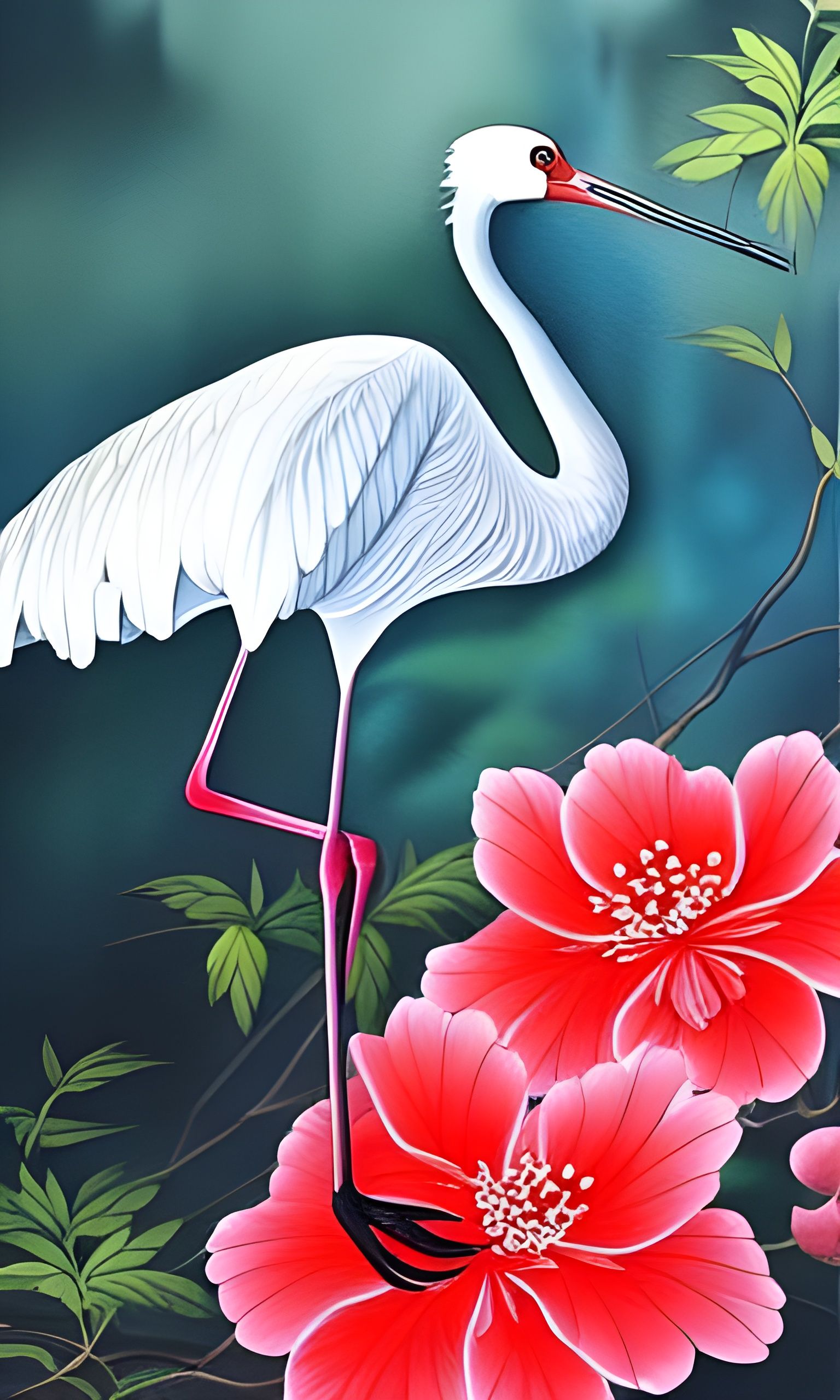 Crane Bird Art Painting with Chinese Flowers