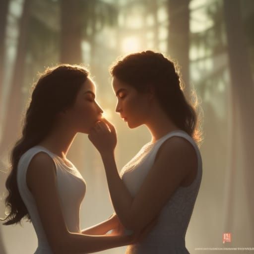 Two Girls Kissing with Engagement Ring, Art Nouveau Style