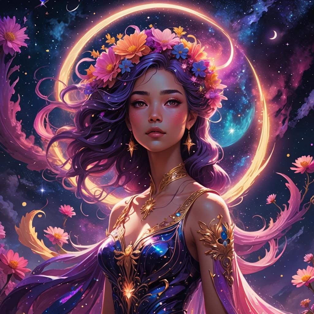 Cosmic Woman with Glowing Hair in Dreamlike Art