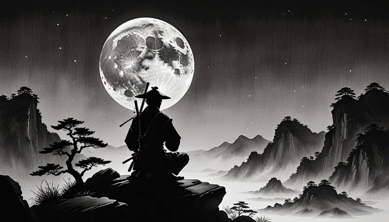 Samurai Meditating Under Moon in Sumi-e Style