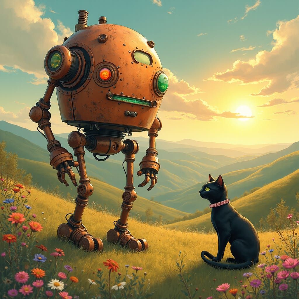 Steampunk Robot in Dreamy Landscape as Watercolour Illustrat...