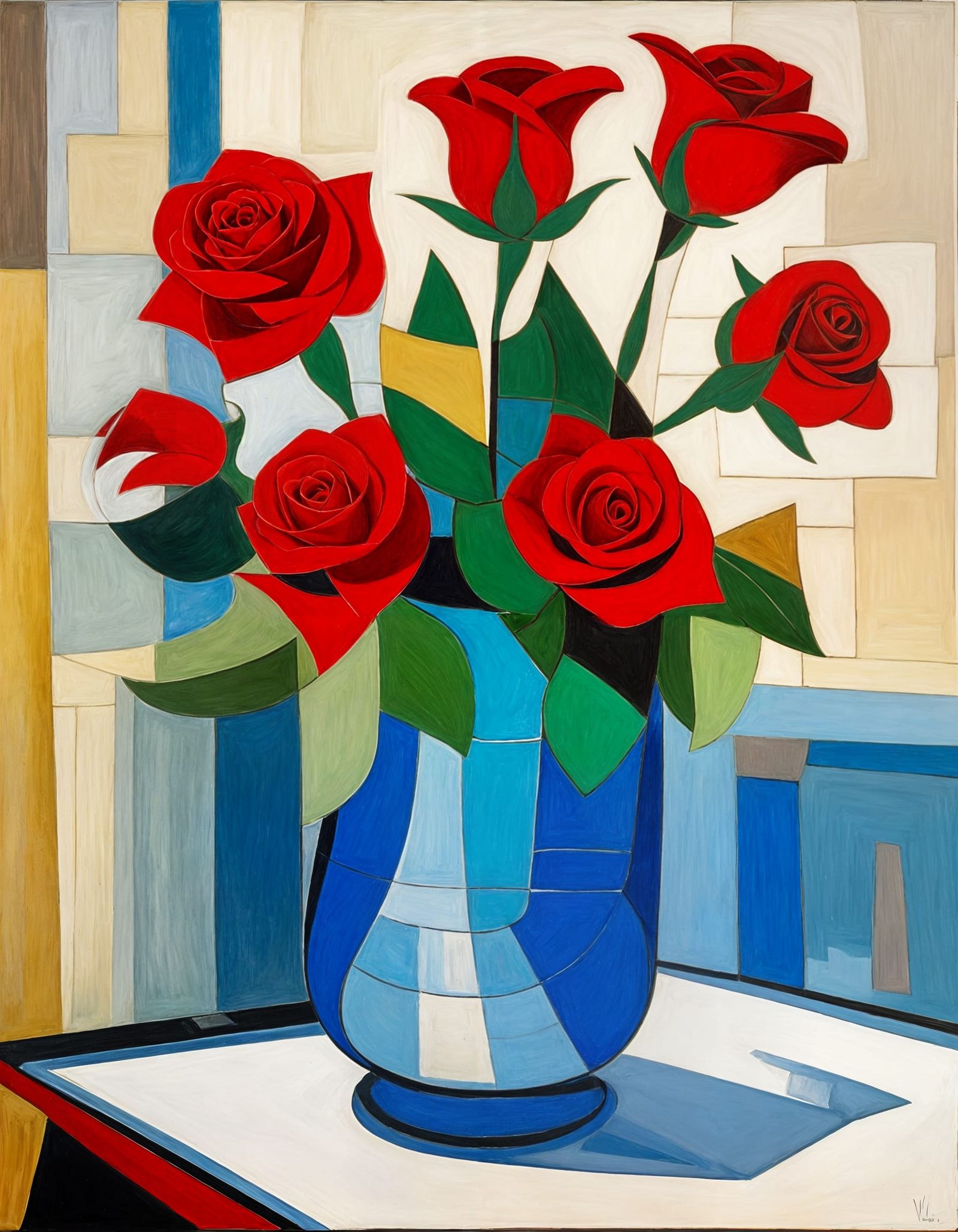Cubist Red Roses in Blue Vase, Picasso Style