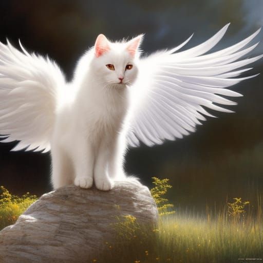 Angelic White Cat with Feathers in Detailed Composition