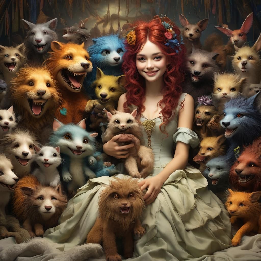 Whimsical Portrait of a Rainbow Girl with Furry Companion